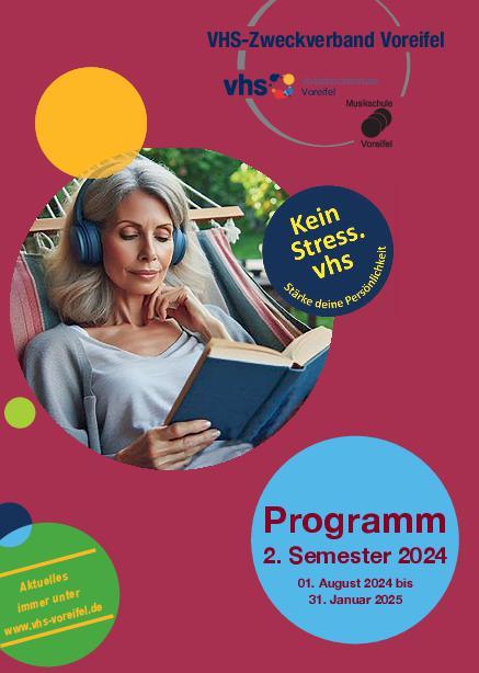 VHS-Programm 2. Halbjahr 2024 (Titelseite - lesende Frau in Hängematte)