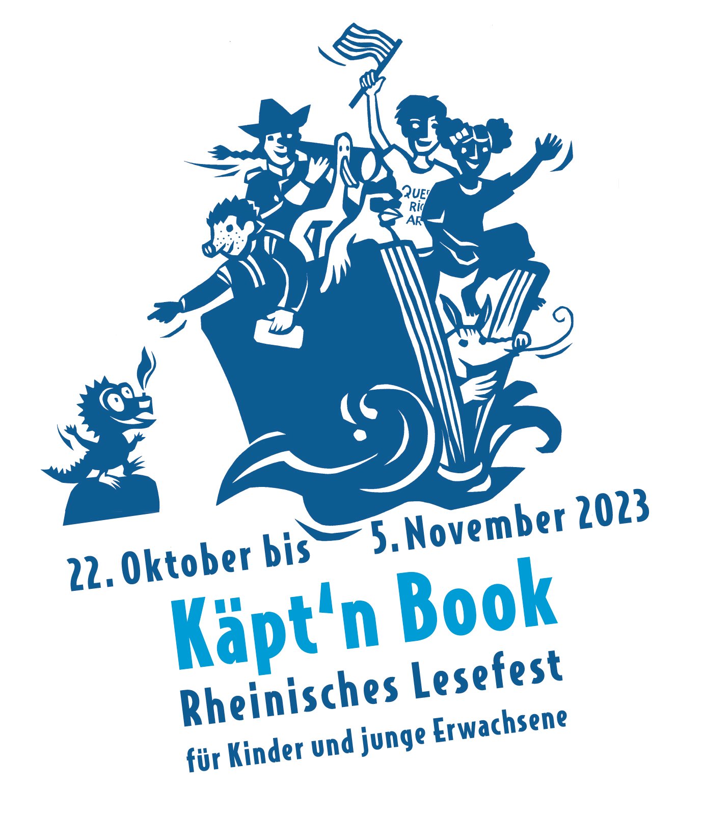 Käpt'n Book 2023 - Plakat in Blau mit Schiff und Kindern